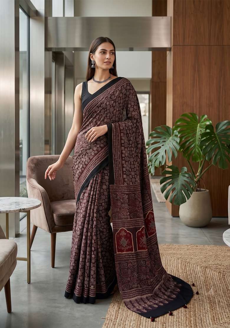 Maroon Ajrakh Model Saree Set - Indya