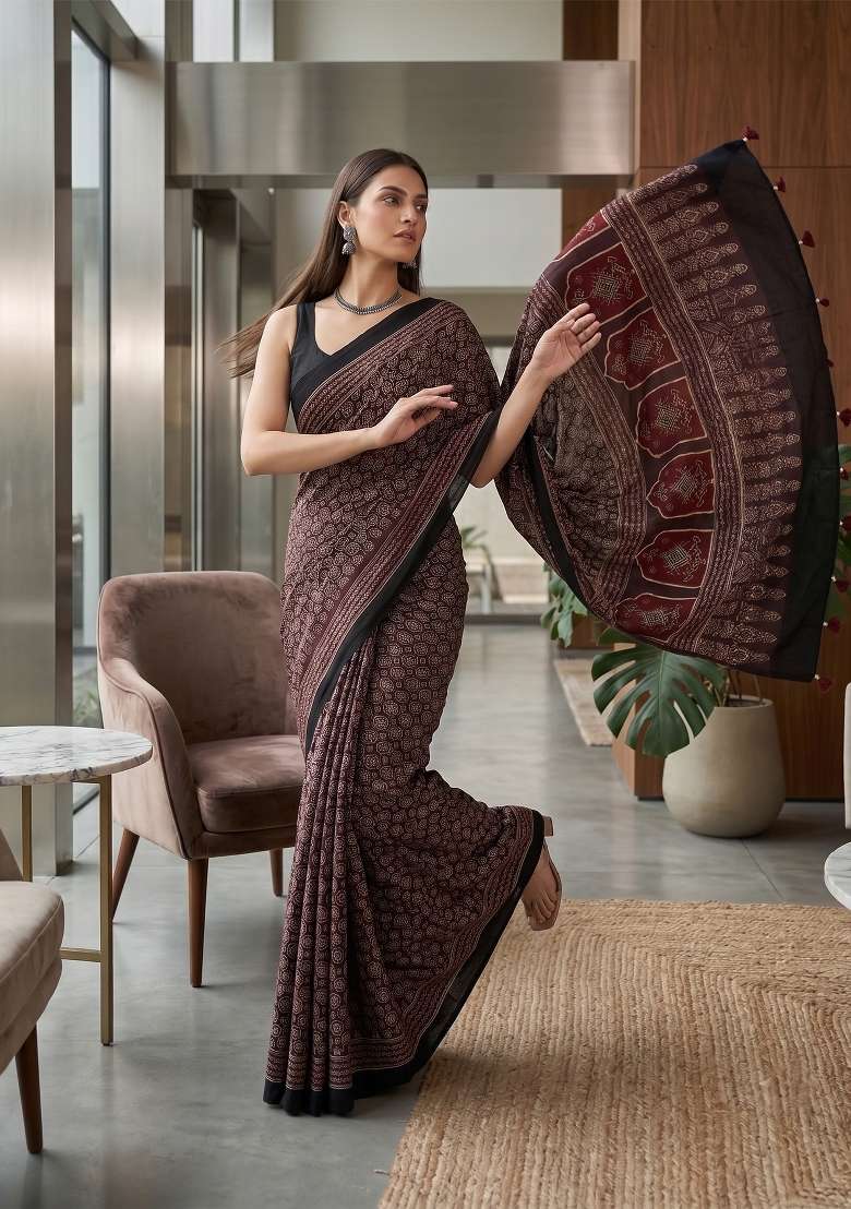 Maroon Ajrakh Model Saree Set - Indya