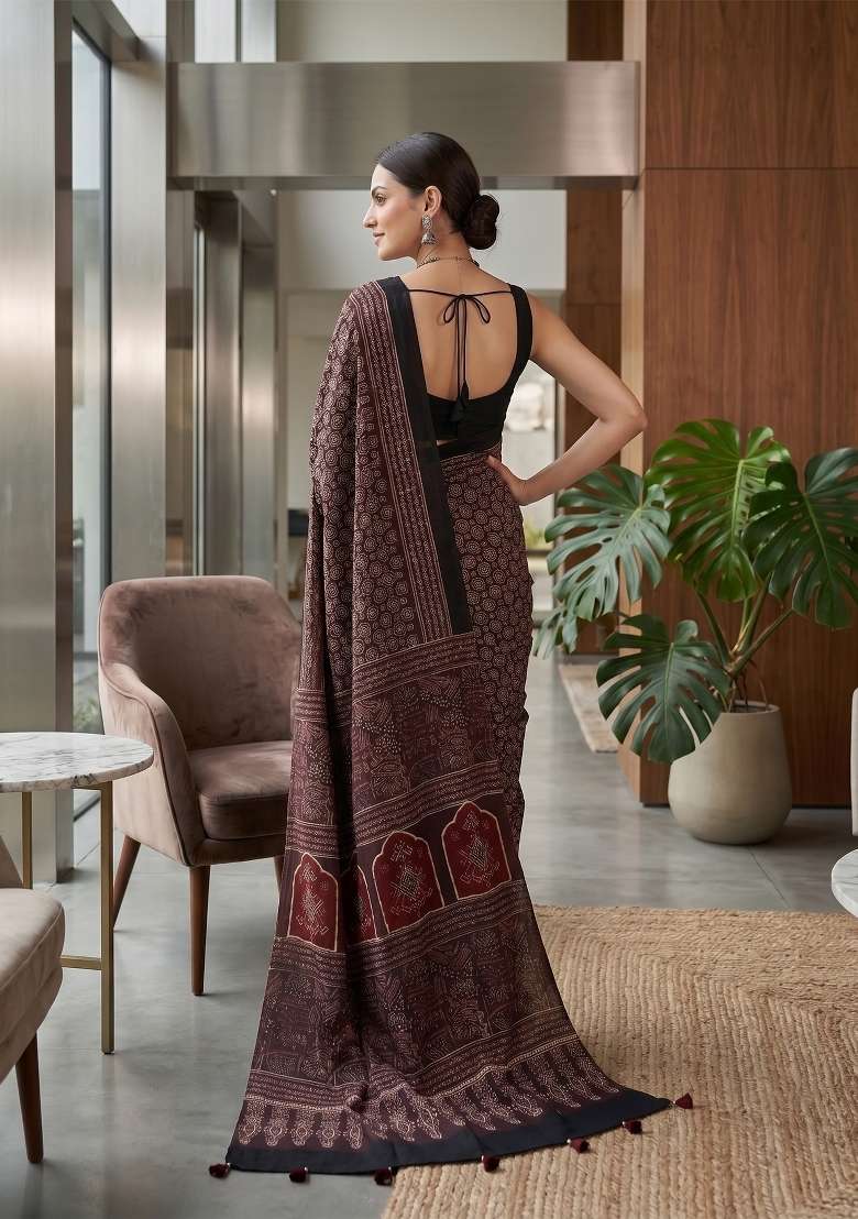 Maroon Ajrakh Model Saree Set - Indya