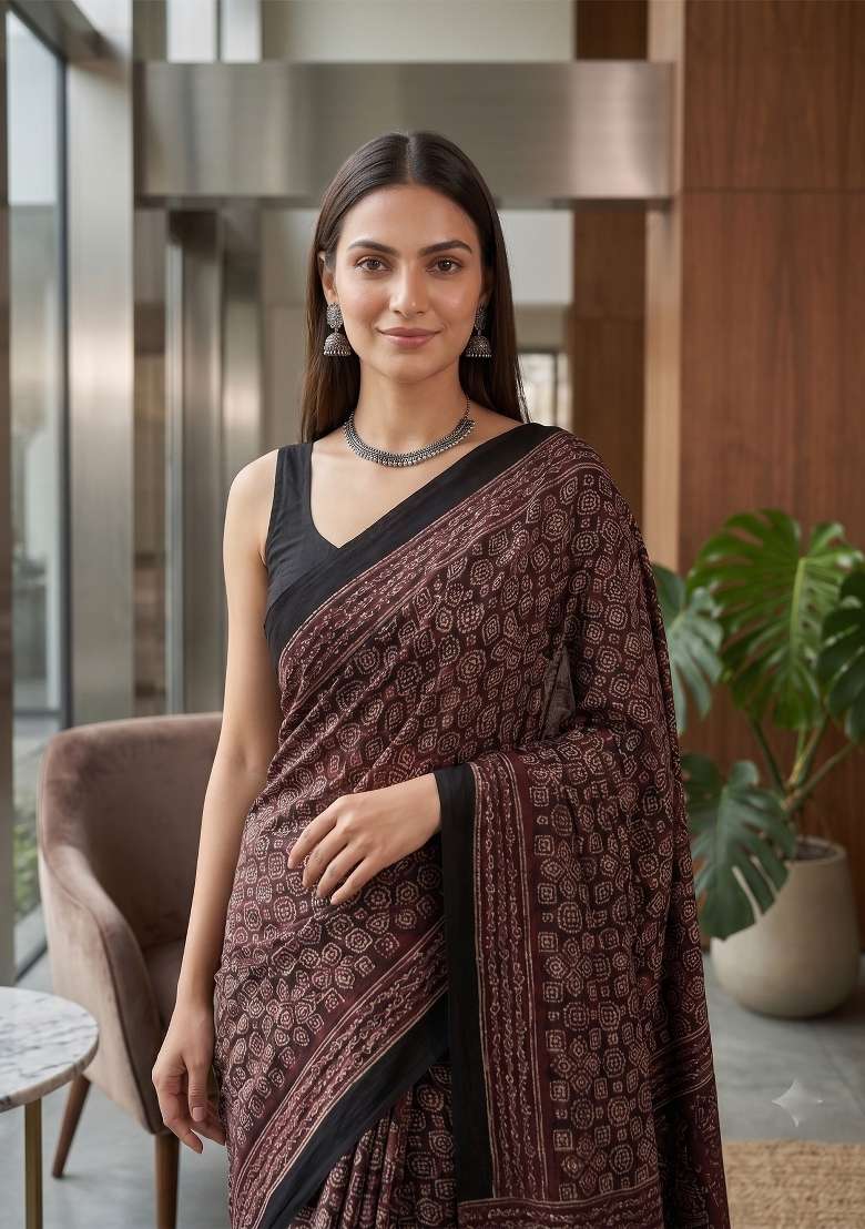 Maroon Ajrakh Model Saree Set - Indya