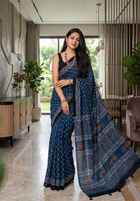 Teal Ajrakh Model Saree Set