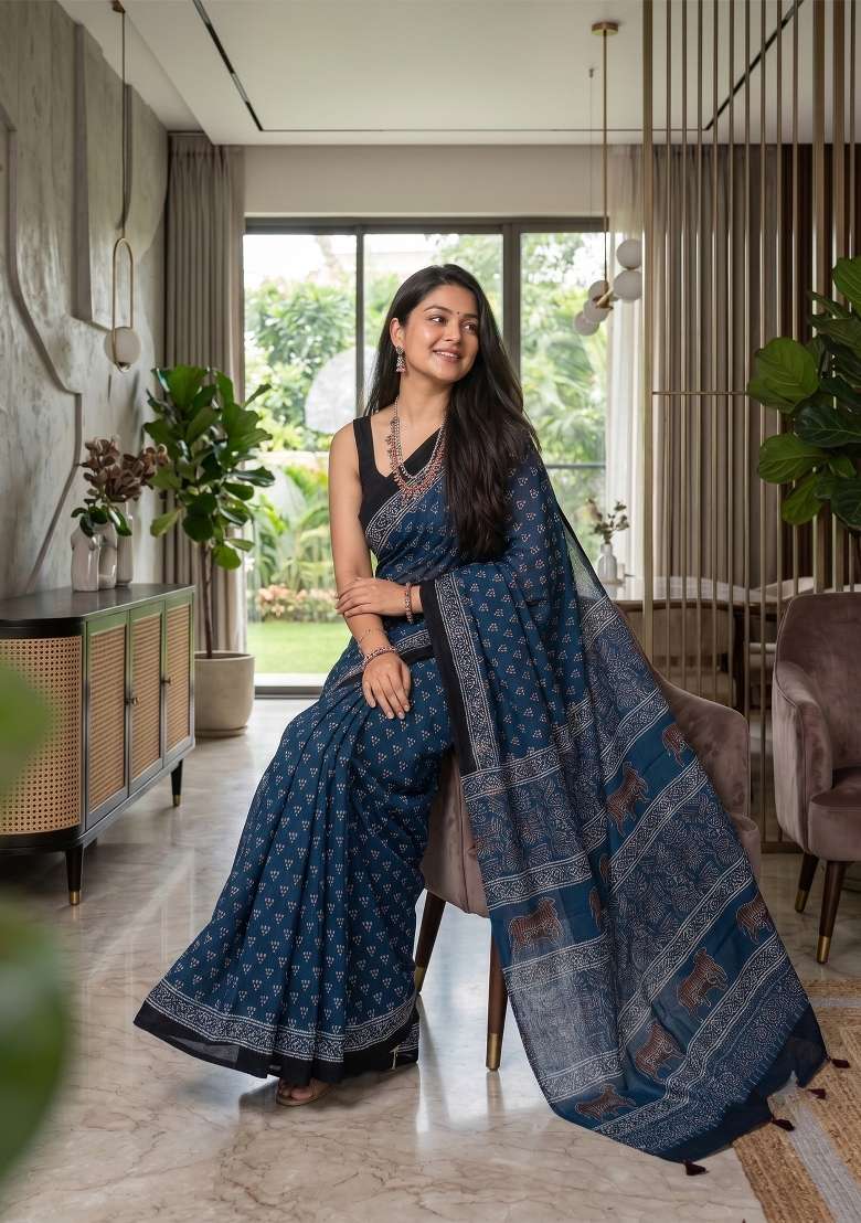 Teal Ajrakh Model Saree Set - Indya