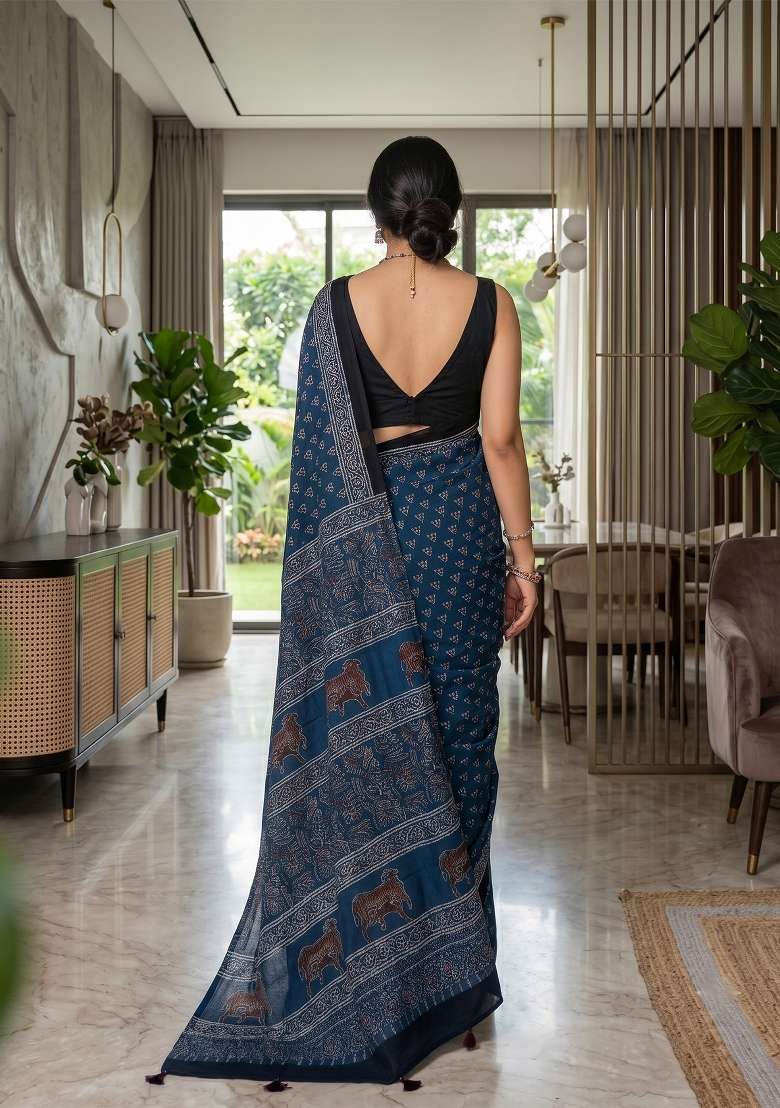 Teal Ajrakh Model Saree Set - Indya
