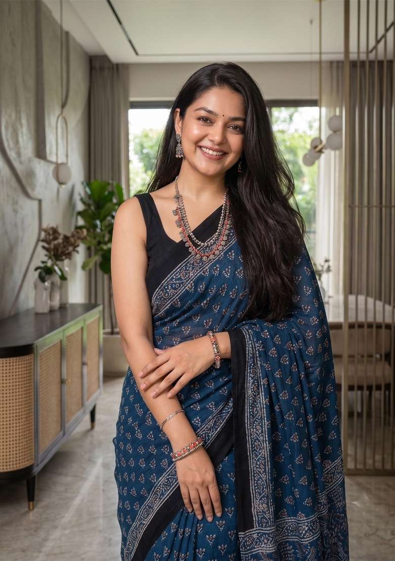 Teal Ajrakh Model Saree Set - Indya
