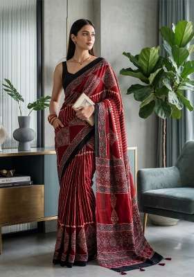 Red Ajrakh Model Saree Set