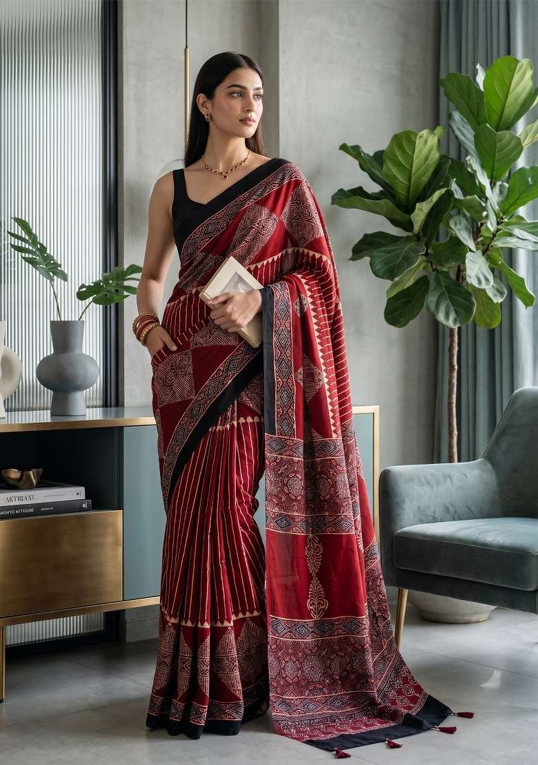 Red Ajrakh Model Saree Set - Indya