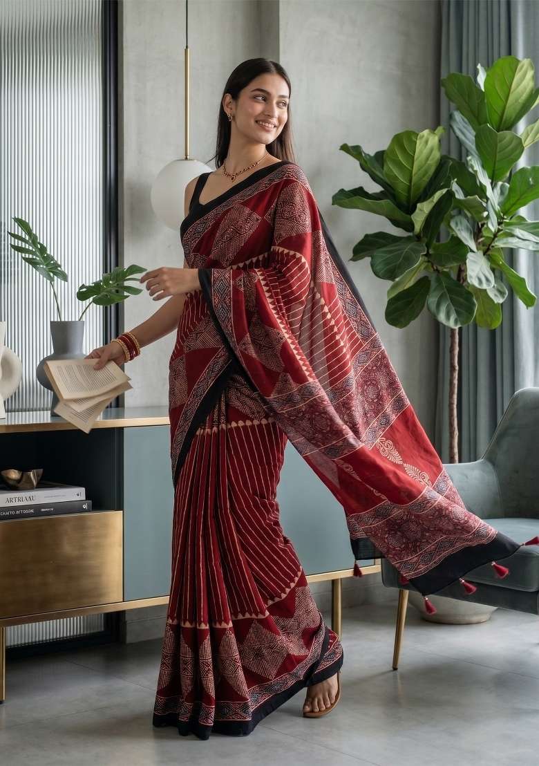 Red Ajrakh Model Saree Set - Indya
