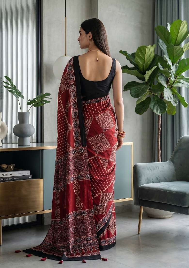 Red Ajrakh Model Saree Set - Indya