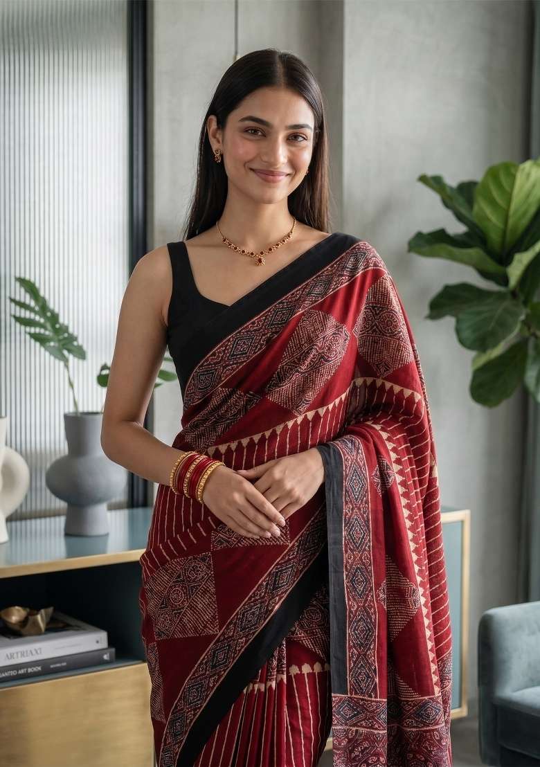 Red Ajrakh Model Saree Set - Indya