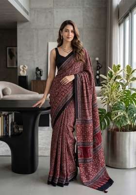 Maroon Ajrakh Model Saree Set