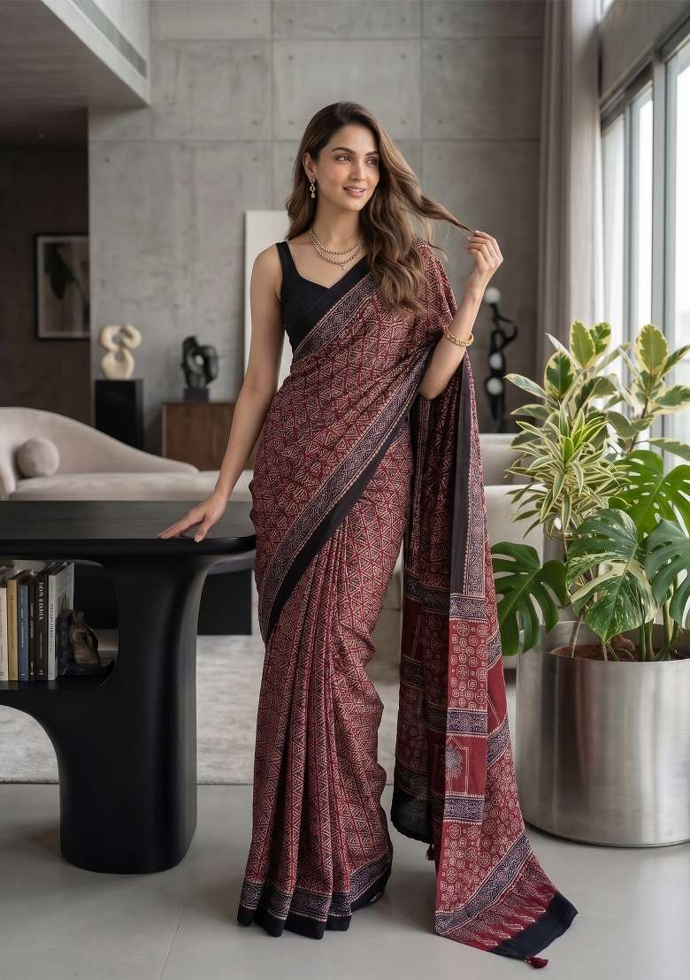 Maroon Ajrakh Model Saree Set - Indya