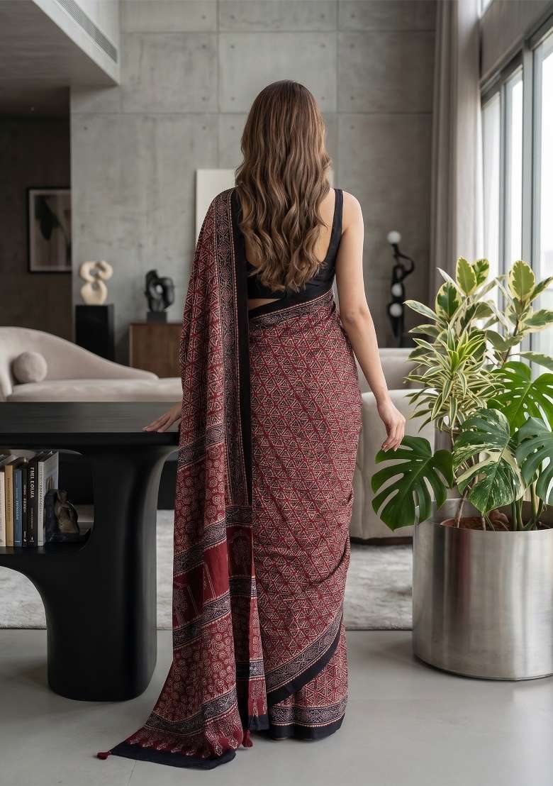 Maroon Ajrakh Model Saree Set - Indya
