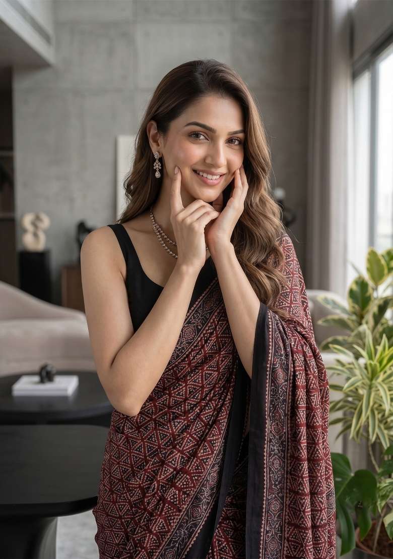 Maroon Ajrakh Model Saree Set - Indya