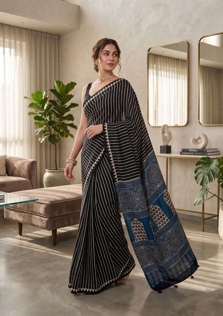 Black Ajrakh Model Saree Set - Indya