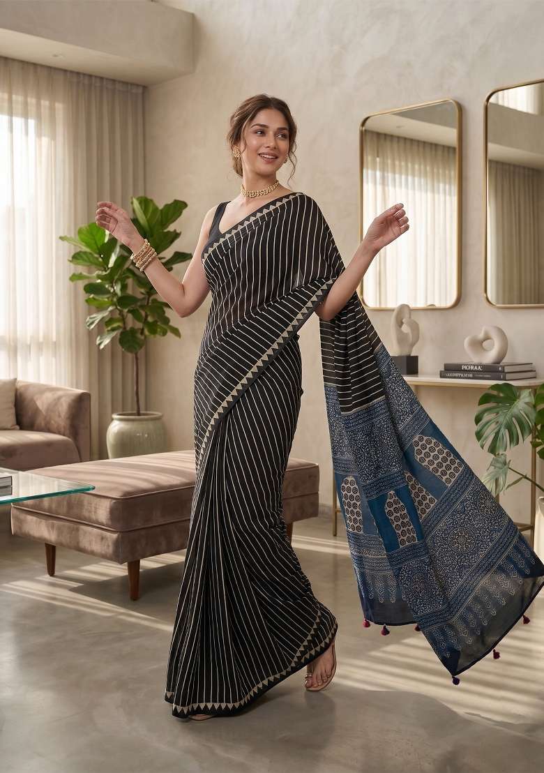 Black Ajrakh Model Saree Set - Indya