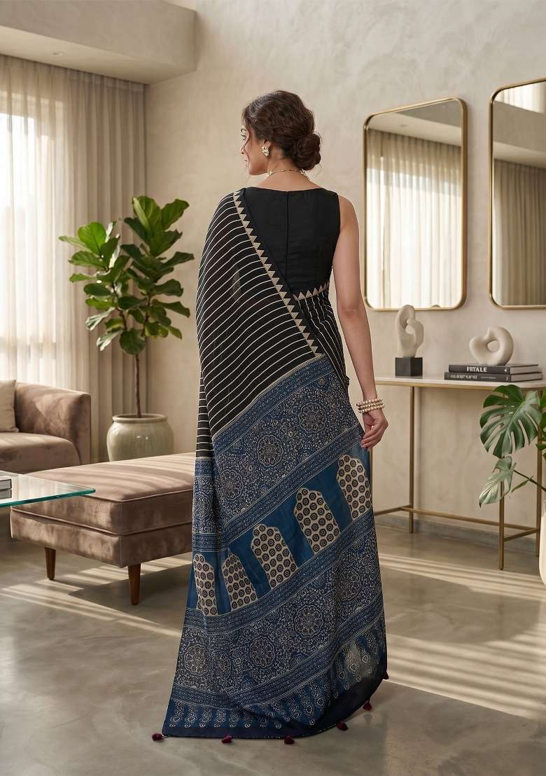 Black Ajrakh Model Saree Set - Indya