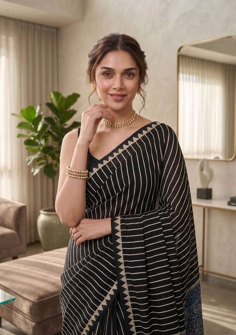 Black Ajrakh Model Saree Set - Indya