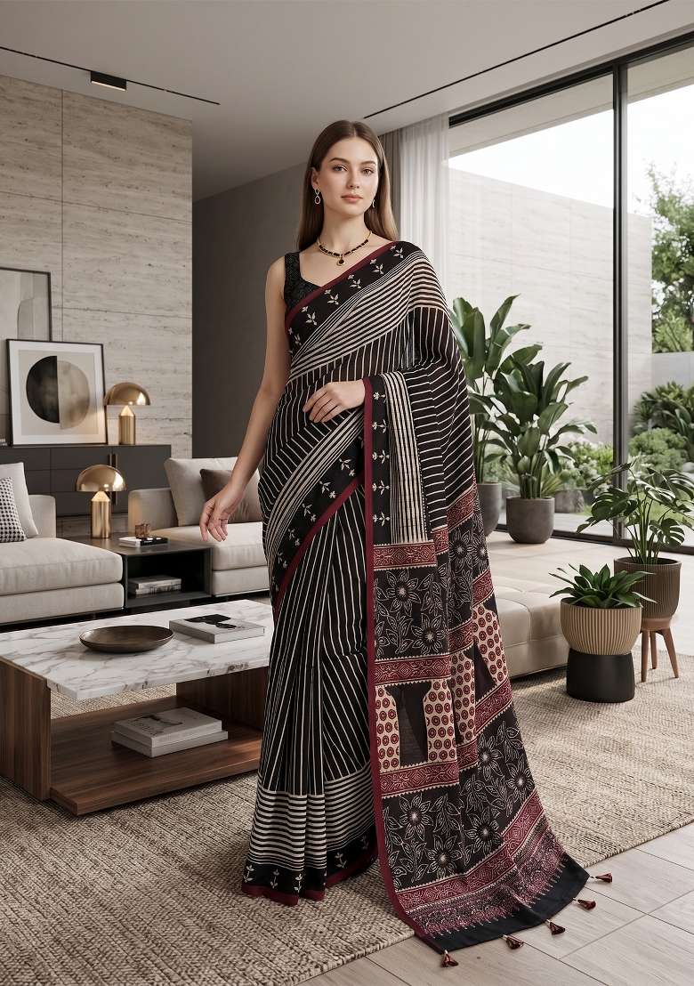 Black Ajrakh Model Saree Set - Indya