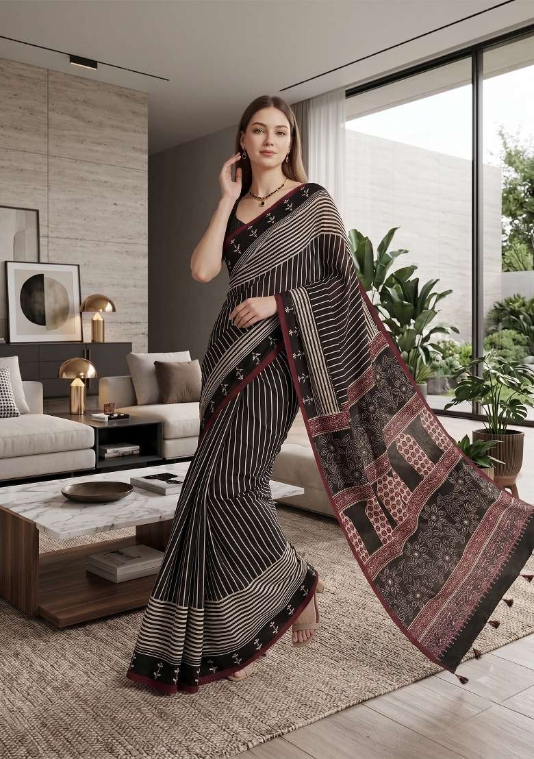 Black Ajrakh Model Saree Set - Indya