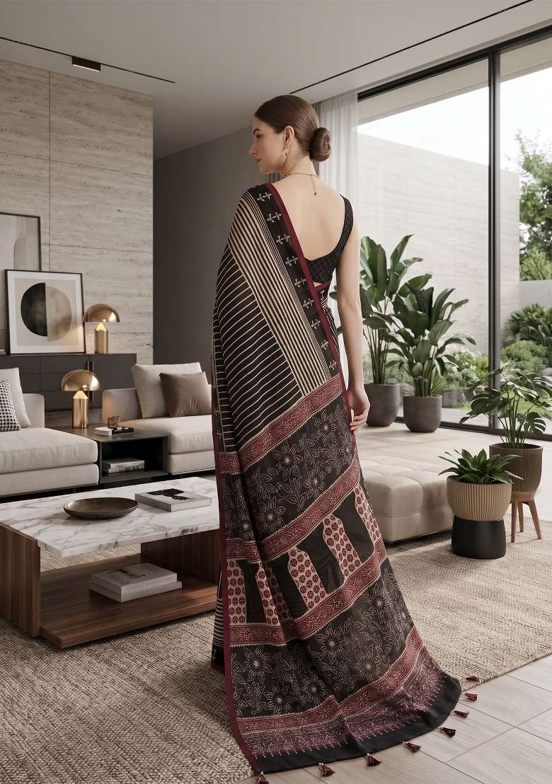 Black Ajrakh Model Saree Set - Indya