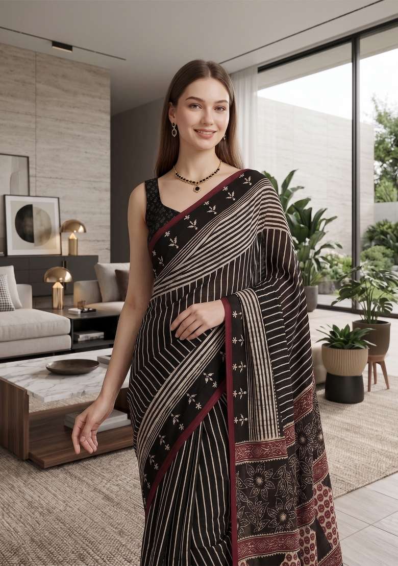 Black Ajrakh Model Saree Set - Indya
