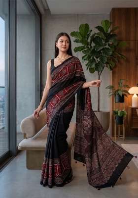 Black Ajrakh Model Saree Set