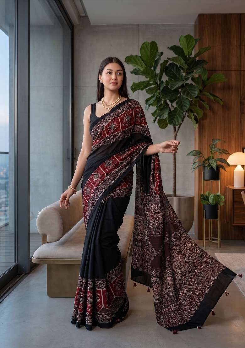 Black Ajrakh Model Saree Set - Indya