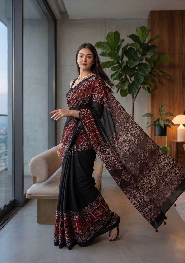 Black Ajrakh Model Saree Set - Indya