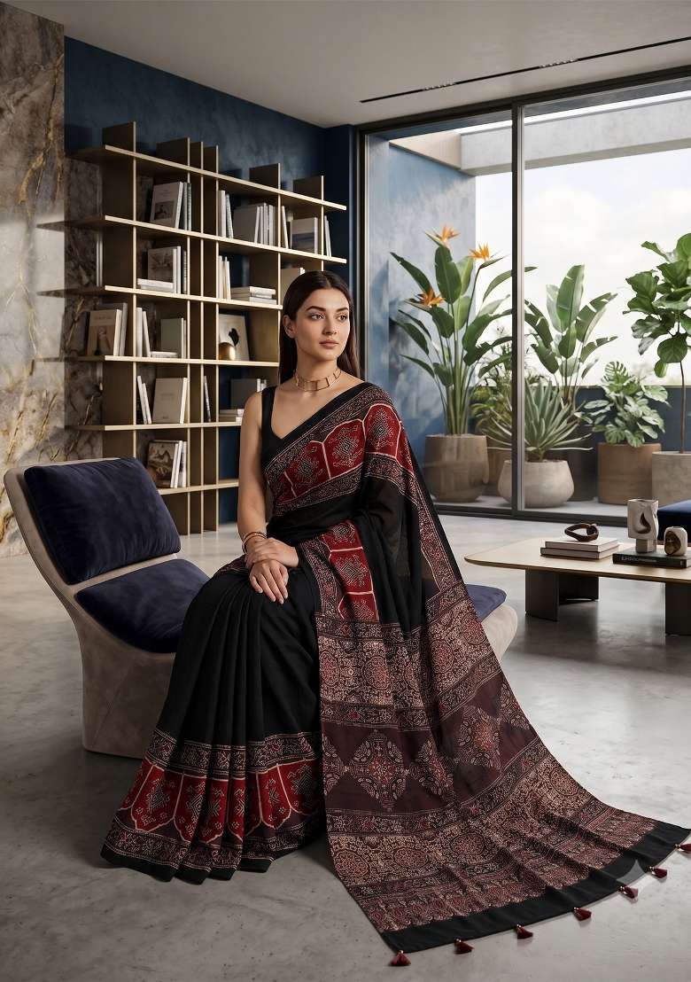 Black Ajrakh Model Saree Set - Indya