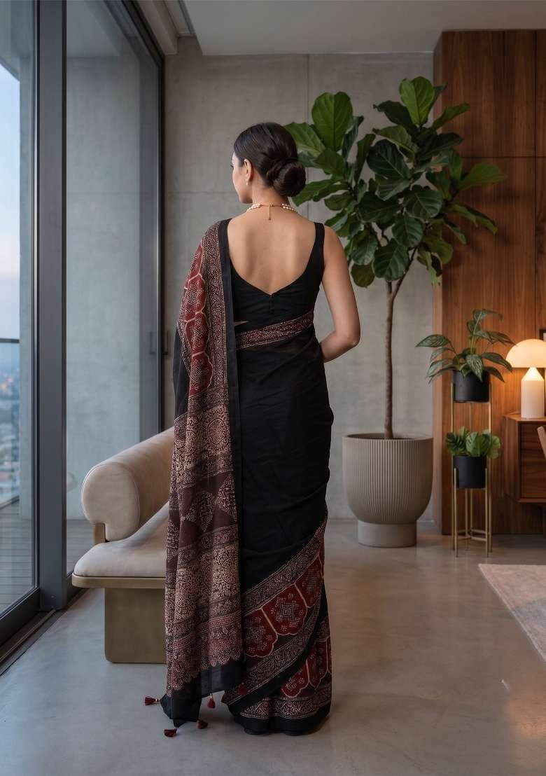 Black Ajrakh Model Saree Set - Indya