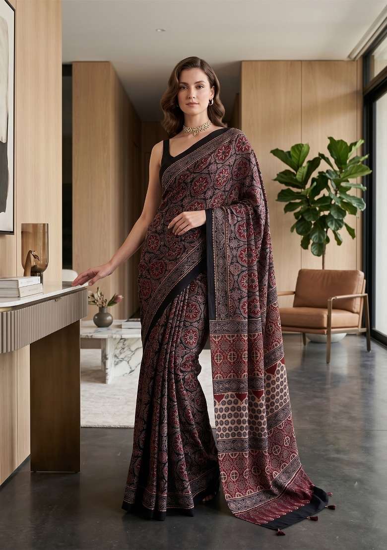 Maroon Ajrakh Model Saree Set - Indya