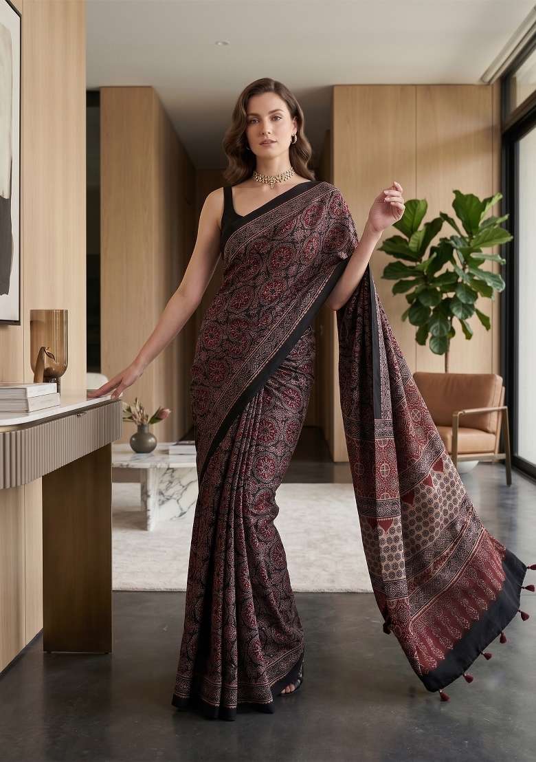 Maroon Ajrakh Model Saree Set - Indya