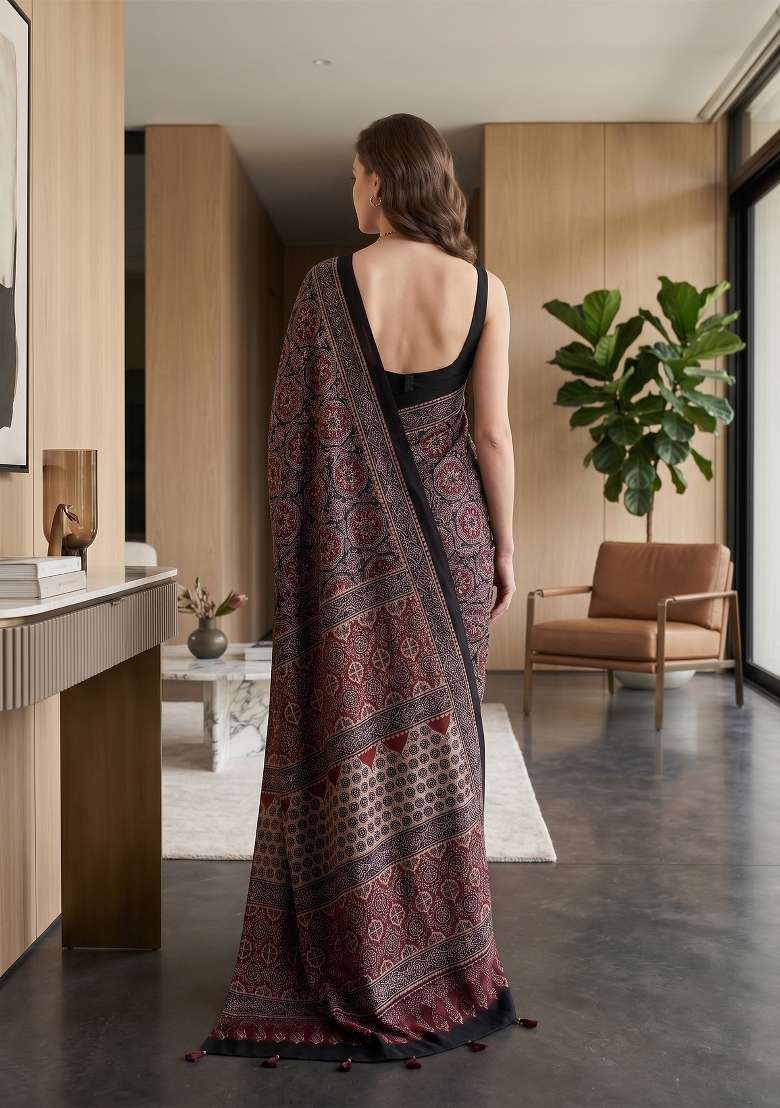 Maroon Ajrakh Model Saree Set - Indya