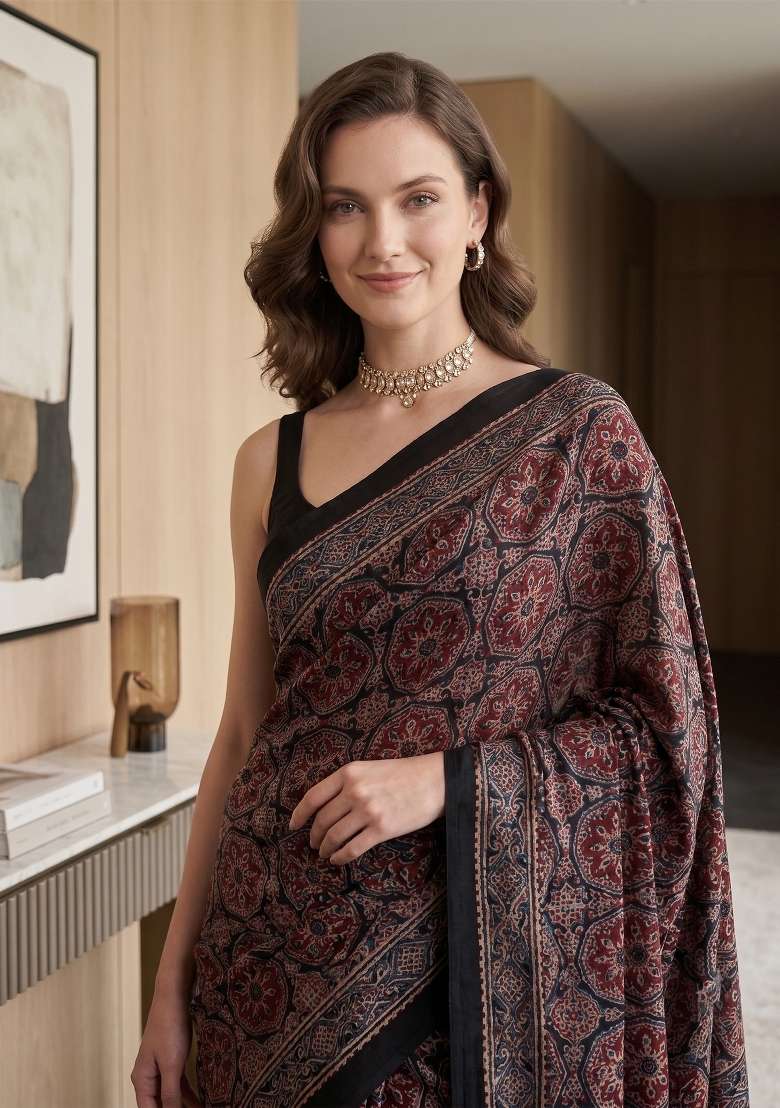 Maroon Ajrakh Model Saree Set - Indya