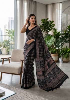 Black Ajrakh Model Saree Set