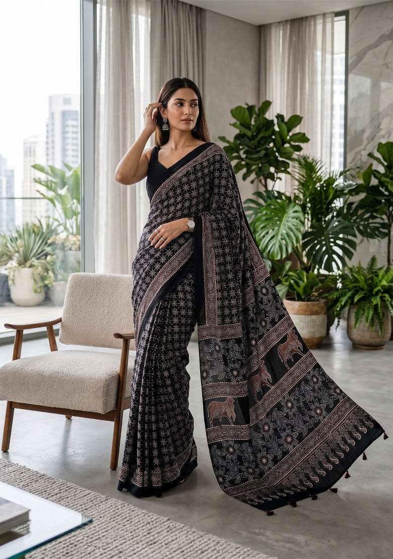 Black Ajrakh Model Saree Set - Indya