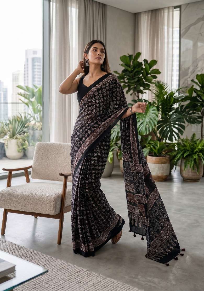 Black Ajrakh Model Saree Set - Indya