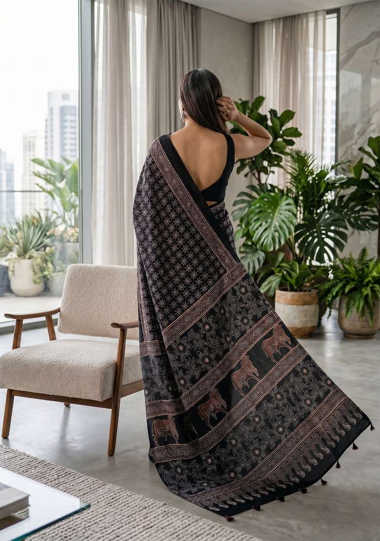 Black Ajrakh Model Saree Set - Indya