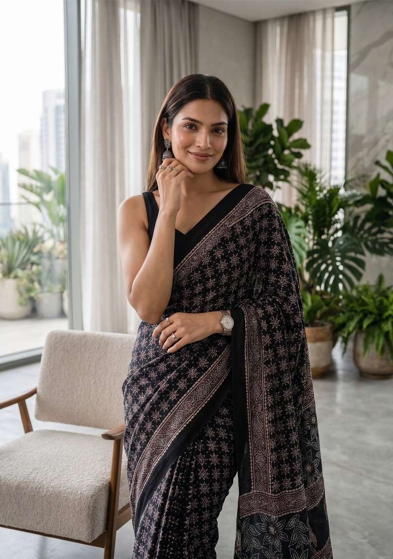 Black Ajrakh Model Saree Set - Indya
