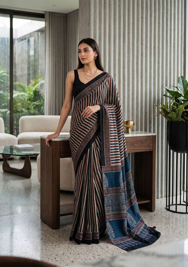 Black Ajrakh Model Saree Set - Indya
