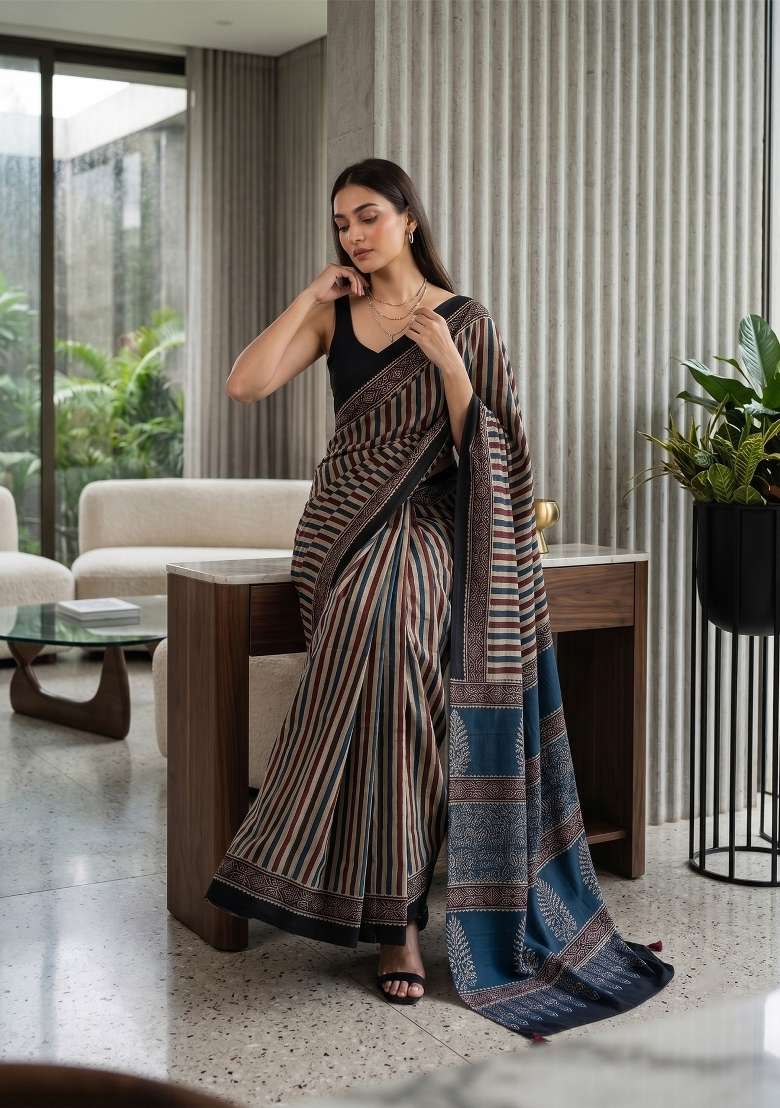 Black Ajrakh Model Saree Set - Indya
