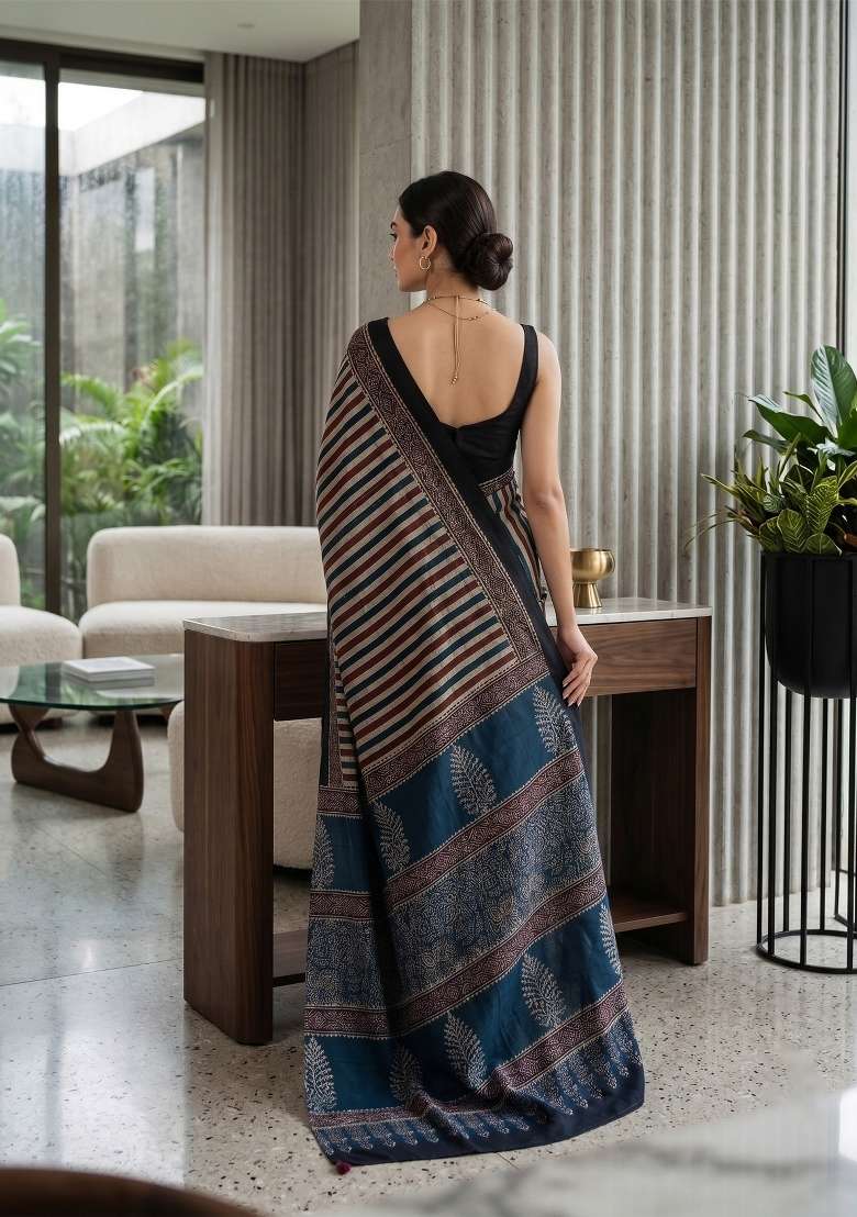 Black Ajrakh Model Saree Set - Indya