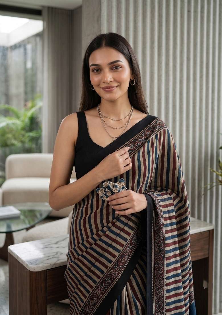 Black Ajrakh Model Saree Set - Indya