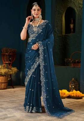 Blue Butta Work Satin Saree Set