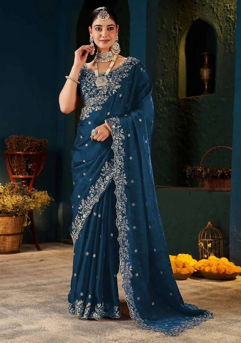 Blue Butta Work Satin Saree Set - Indya