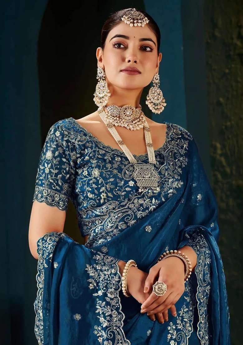 Blue Butta Work Satin Saree Set - Indya