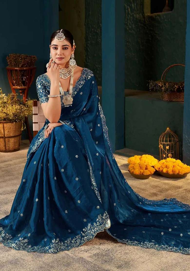 Blue Butta Work Satin Saree Set - Indya