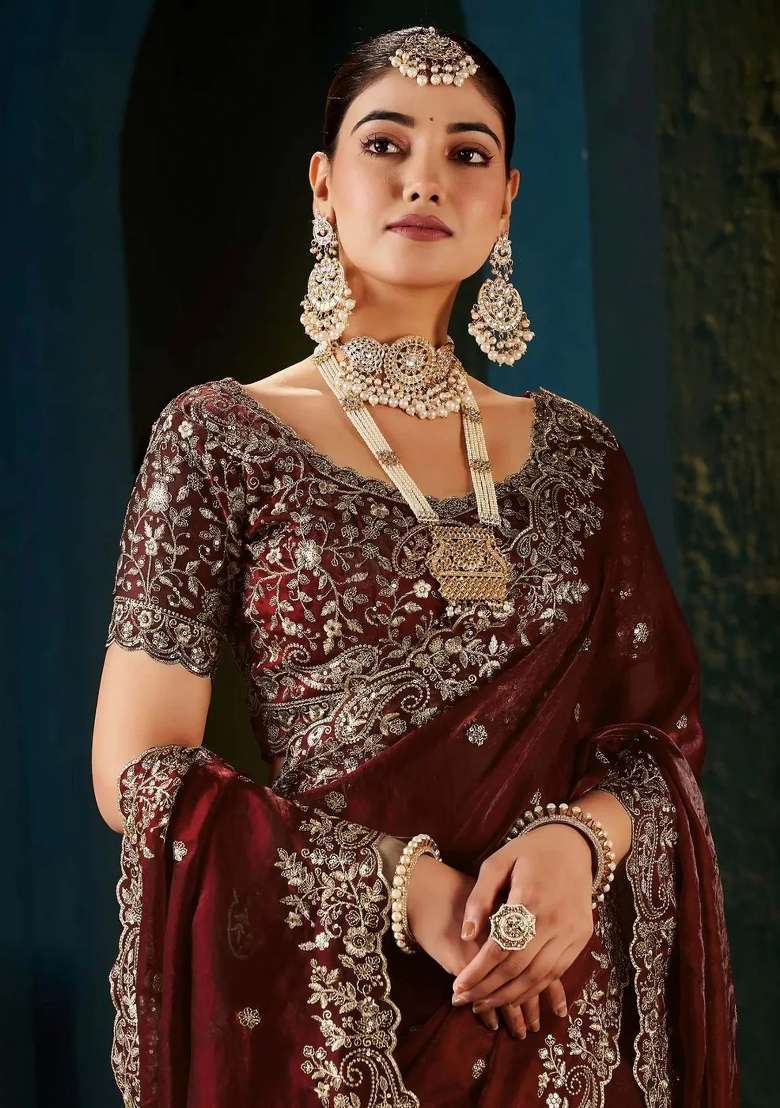 Maroon Butta Work Satin Saree Set - Indya