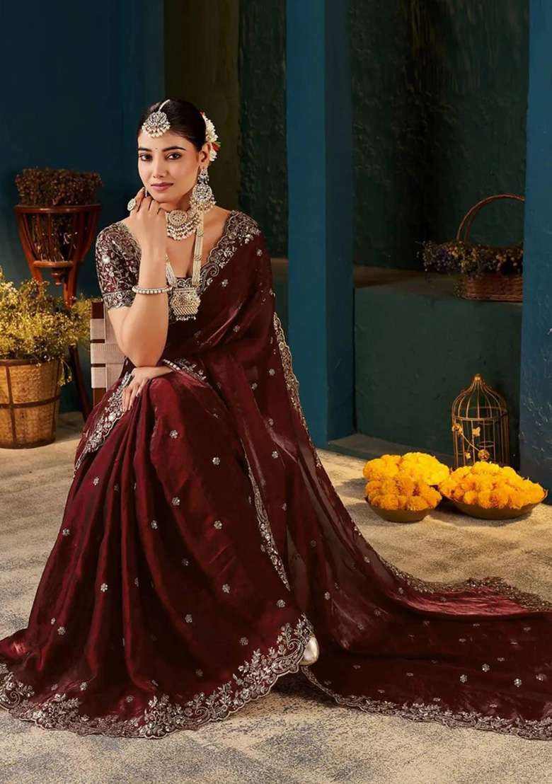 Maroon Butta Work Satin Saree Set - Indya