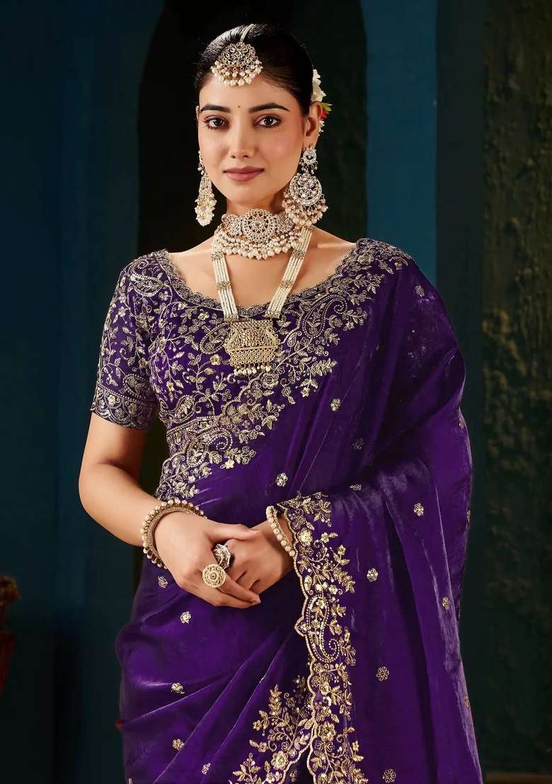 Purple Butta Work Satin Saree Set - Indya